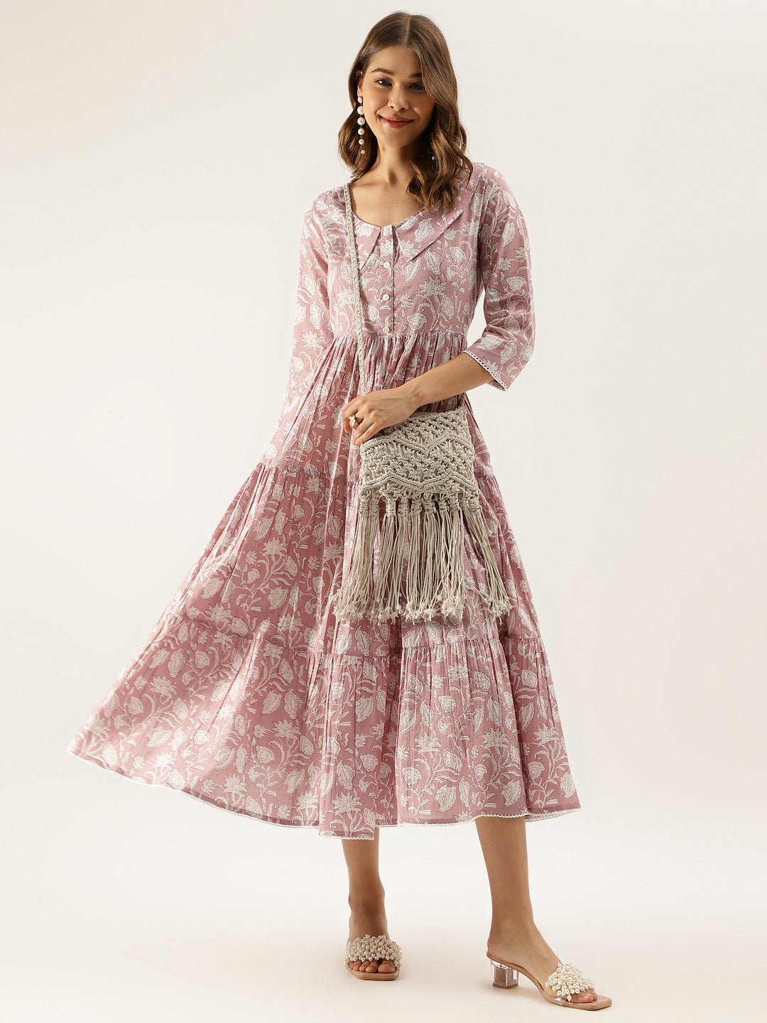Women's Lavender Floral Printed Cotton Ethnic Dress
