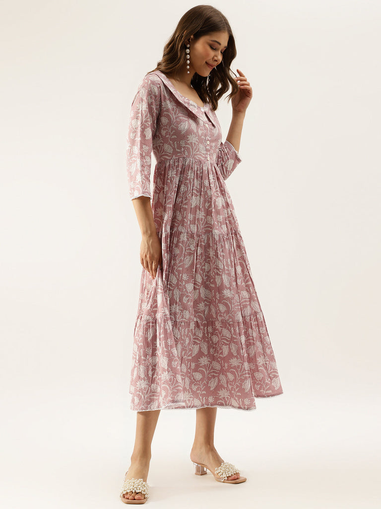 Women's Lavender Floral Printed Cotton Ethnic Dress