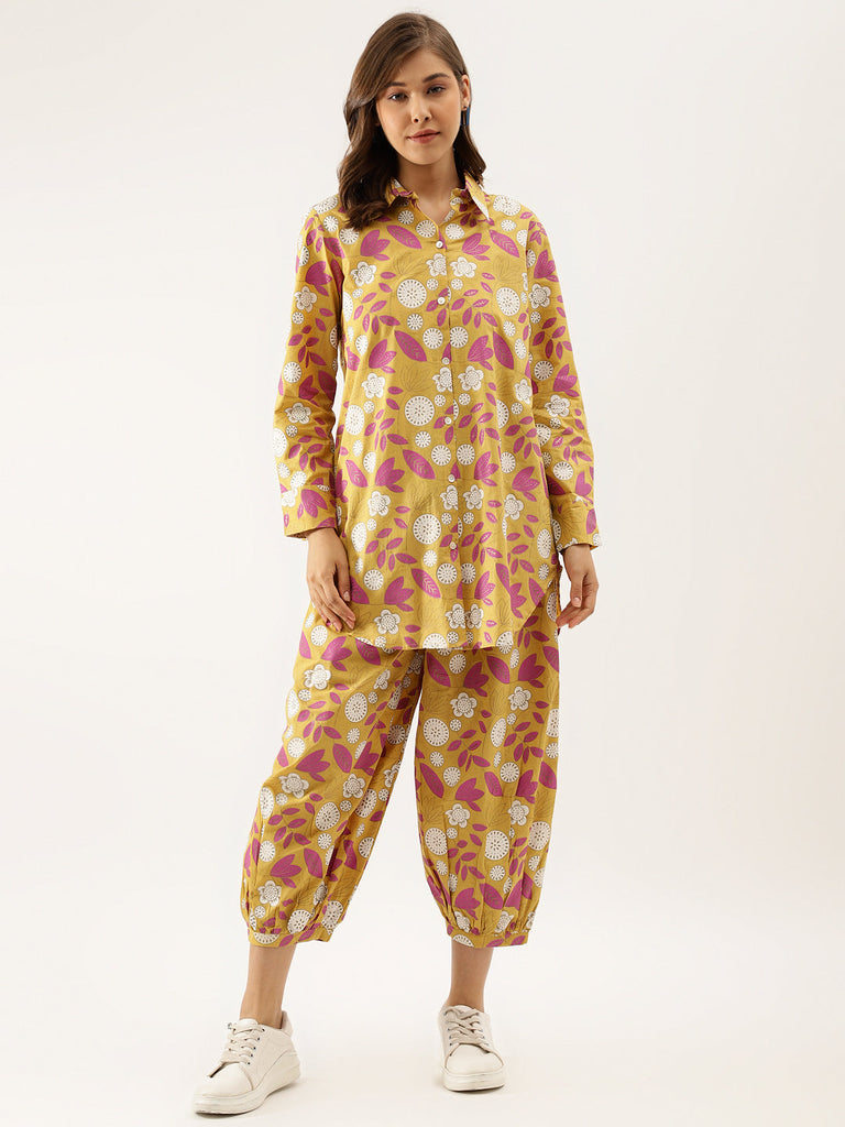 Women's Mustard Floral Print Cotton Co-Ord Set