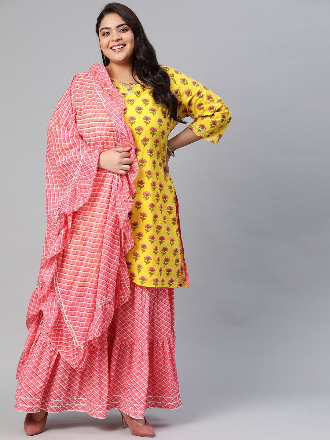Women's Yellow Printed Kurta With Lahariya Sharara And Ruffled Dupatta Set - Wahenoor