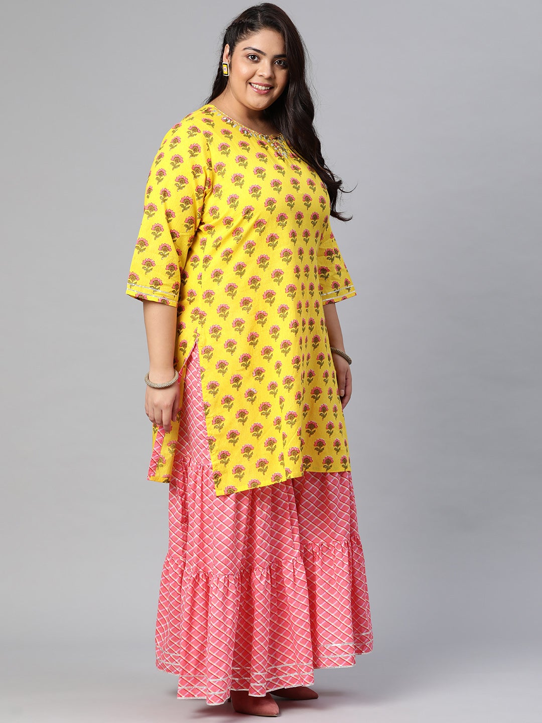 Women's Yellow Printed Kurta With Lahariya Sharara And Ruffled Dupatta Set - Wahenoor