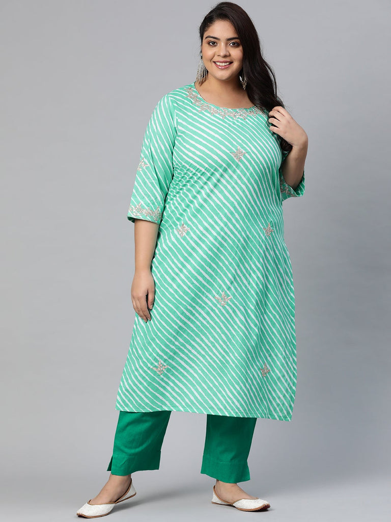 Women's Green Leheriya Cotton Gota Patti Straight Kurta