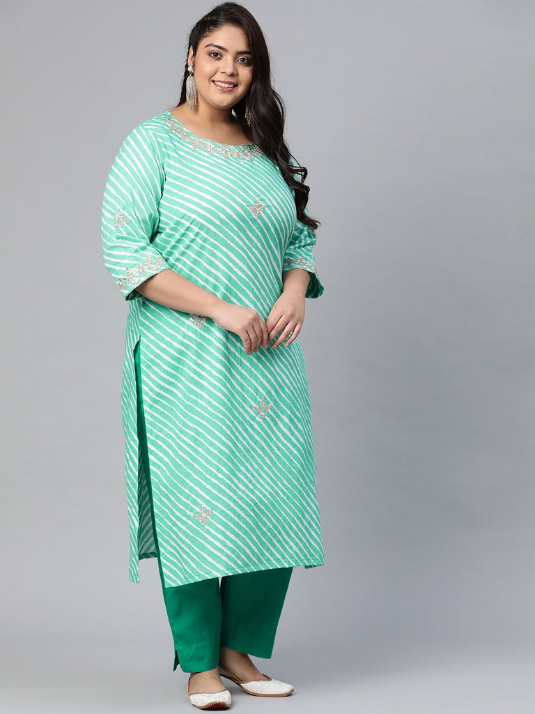 Women's Green Leheriya Cotton Gota Patti Straight Kurta