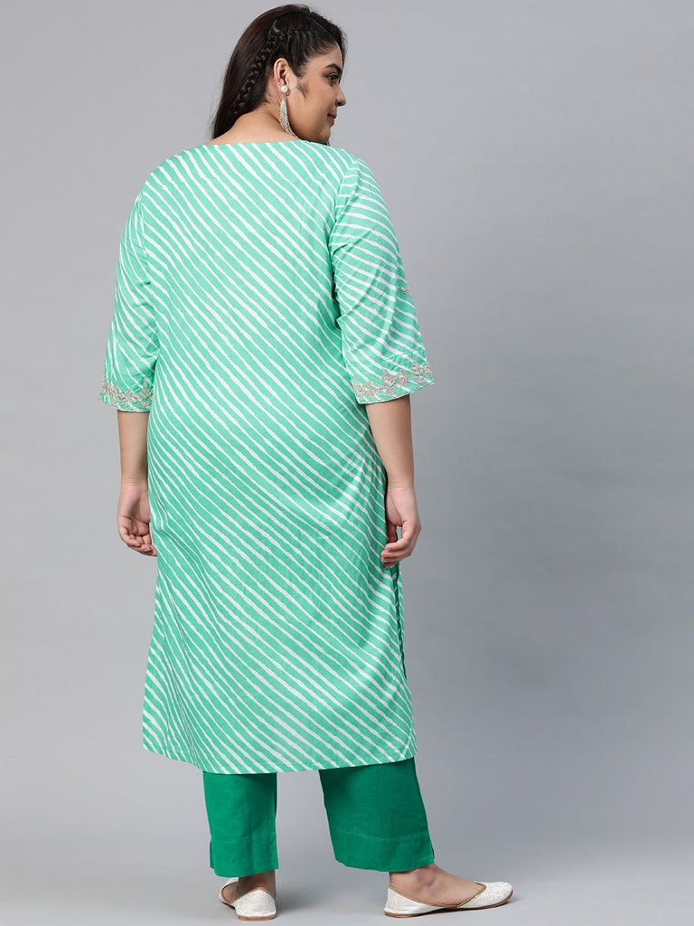 Women's Green Leheriya Cotton Gota Patti Straight Kurta