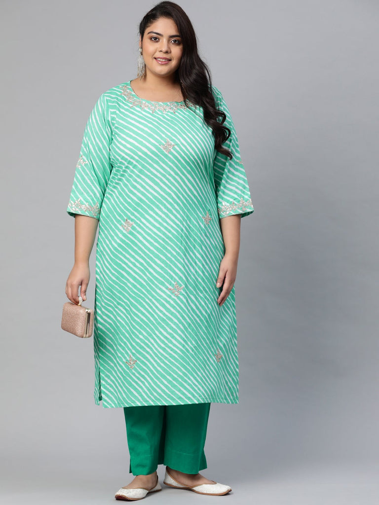 Women's Green Leheriya Cotton Gota Patti Straight Kurta