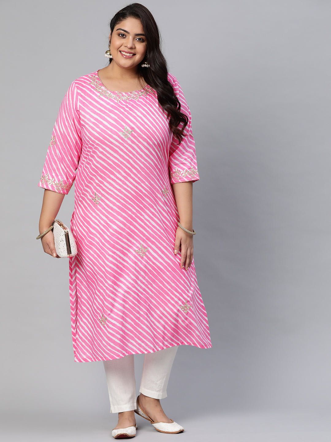 Women's Pink Lahariya Cotton Gota Patti Straight Kurta - Wahenoor