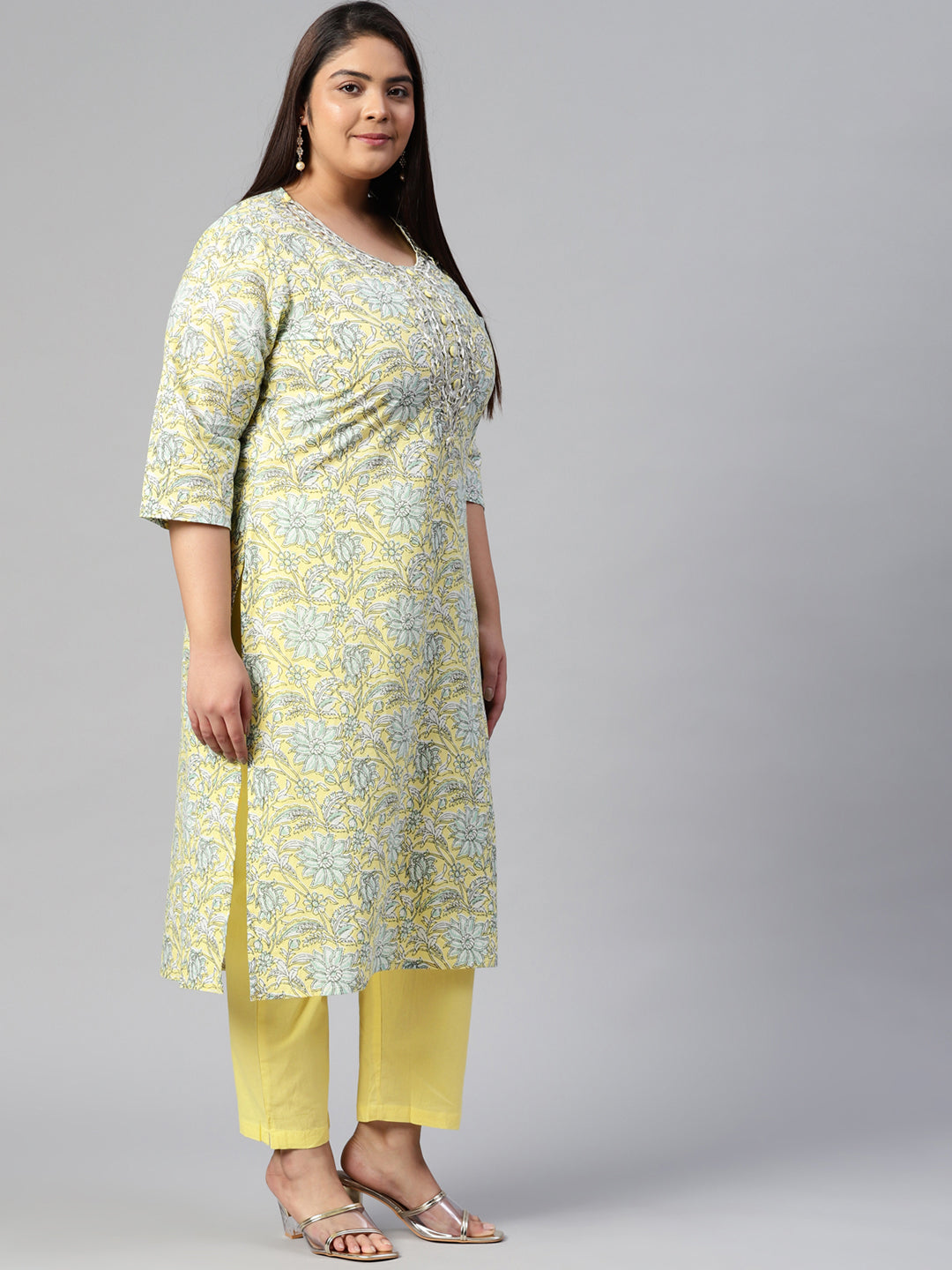 Women's Yellow Cotton Straight Kurta Pant Set - Wahenoor