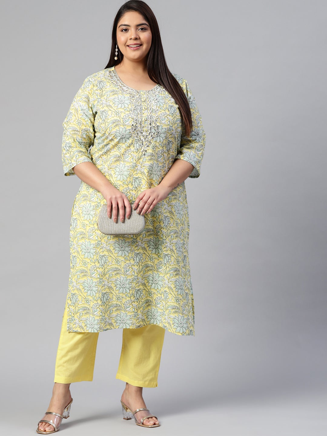 Women's Yellow Cotton Straight Kurta Pant Set - Wahenoor