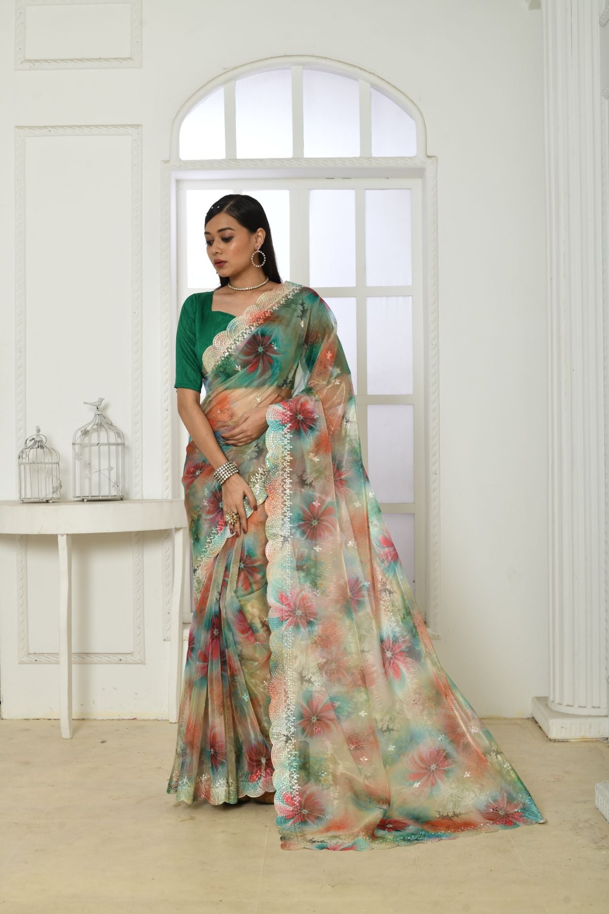 Women's Green Embroidered Floral Print Organza Silk Saree - Vishnu Weaves