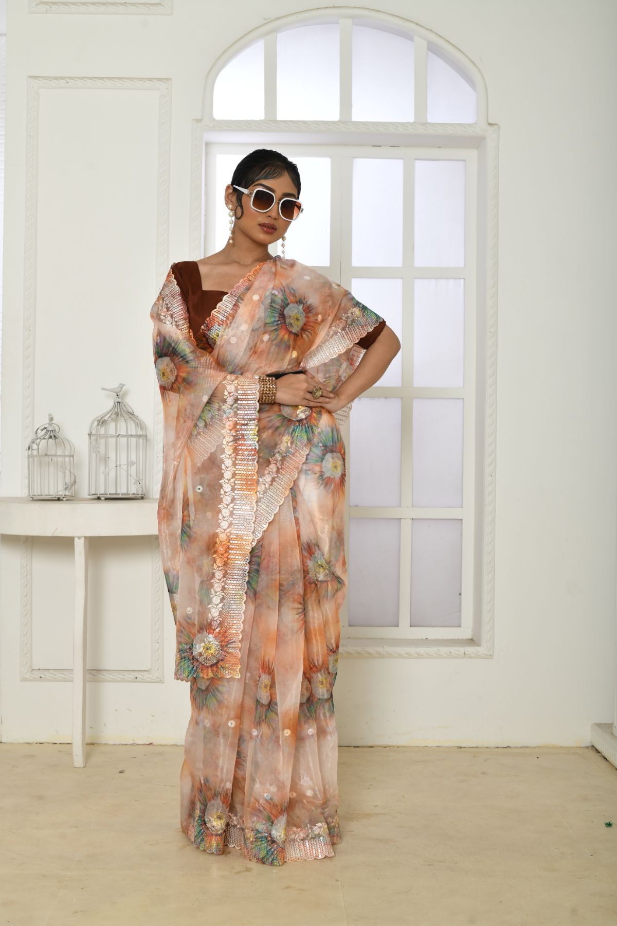 Women's Peach Embroidered Floral Print Organza Silk Saree - Vishnu Weaves