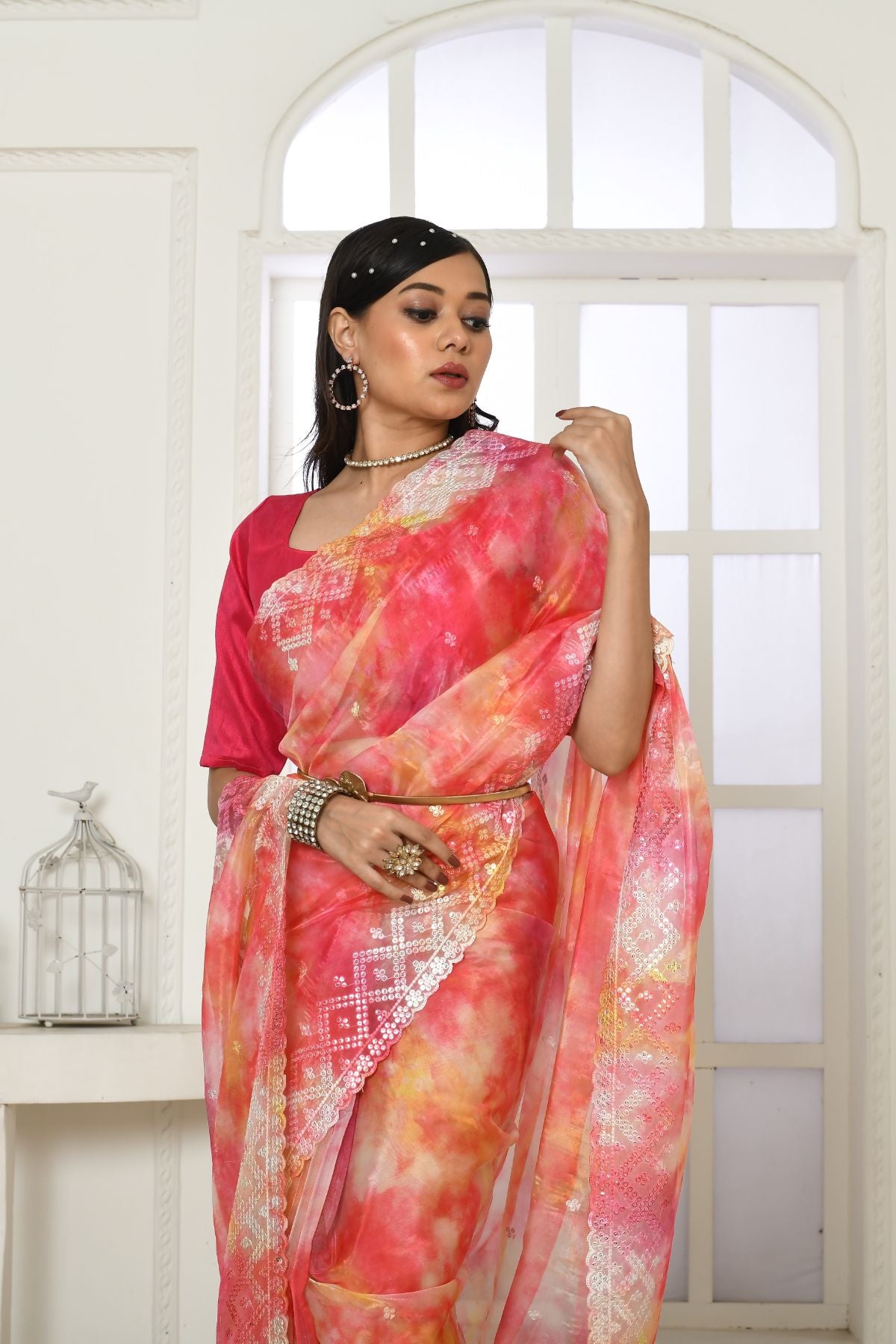 Women's Pink Embroidered Floral Print Organza Silk Saree - Vishnu Weaves