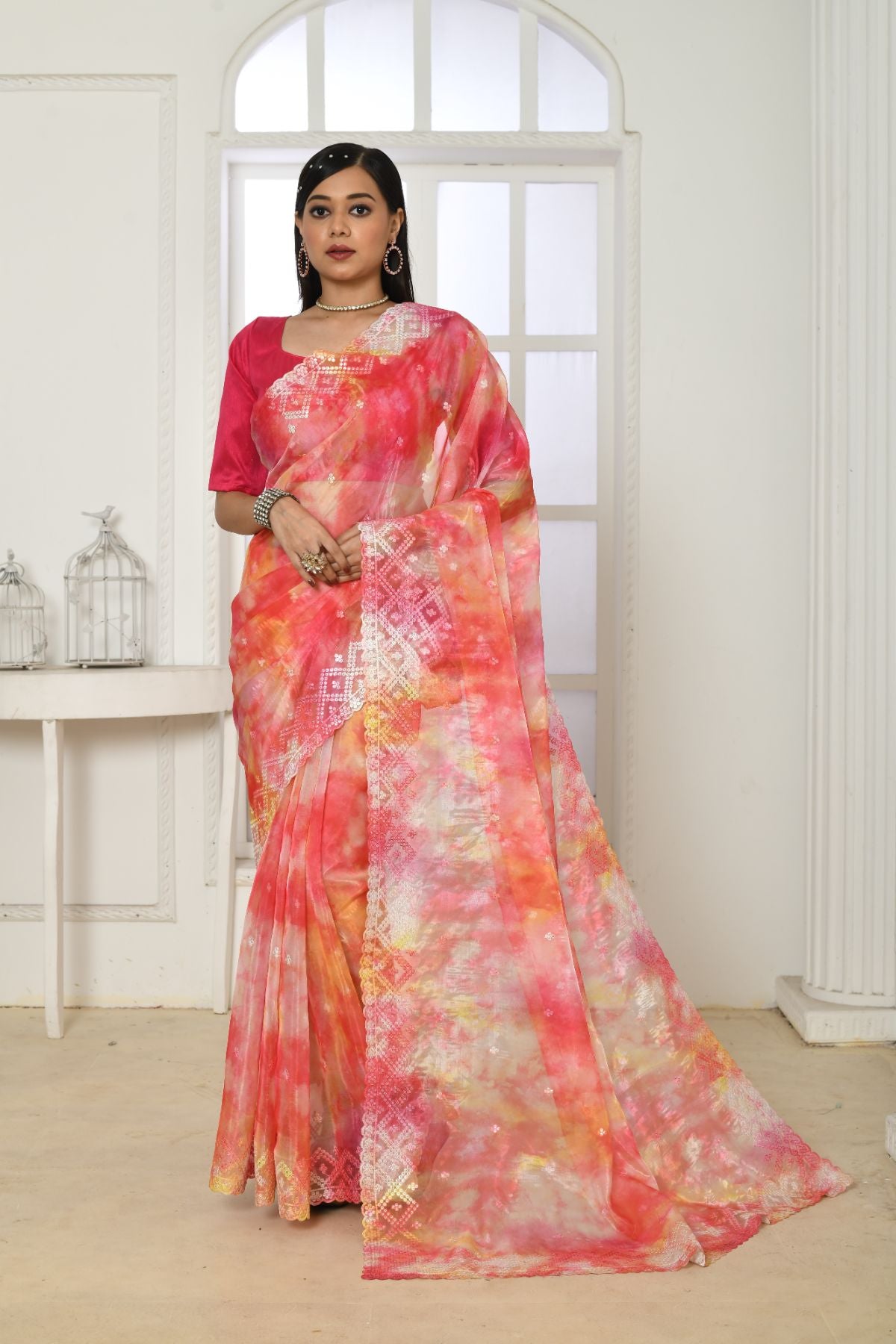 Women's Pink Embroidered Floral Print Organza Silk Saree - Vishnu Weaves