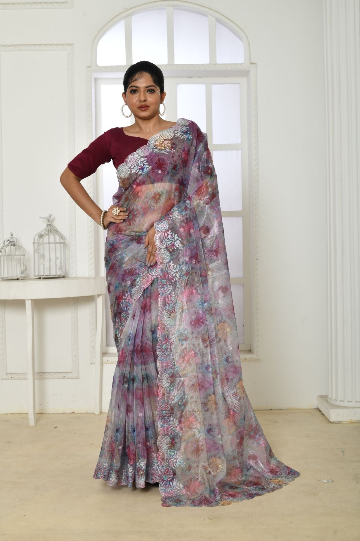 Women's Purple Embroidered Floral Print Organza Silk Saree - Vishnu Weaves