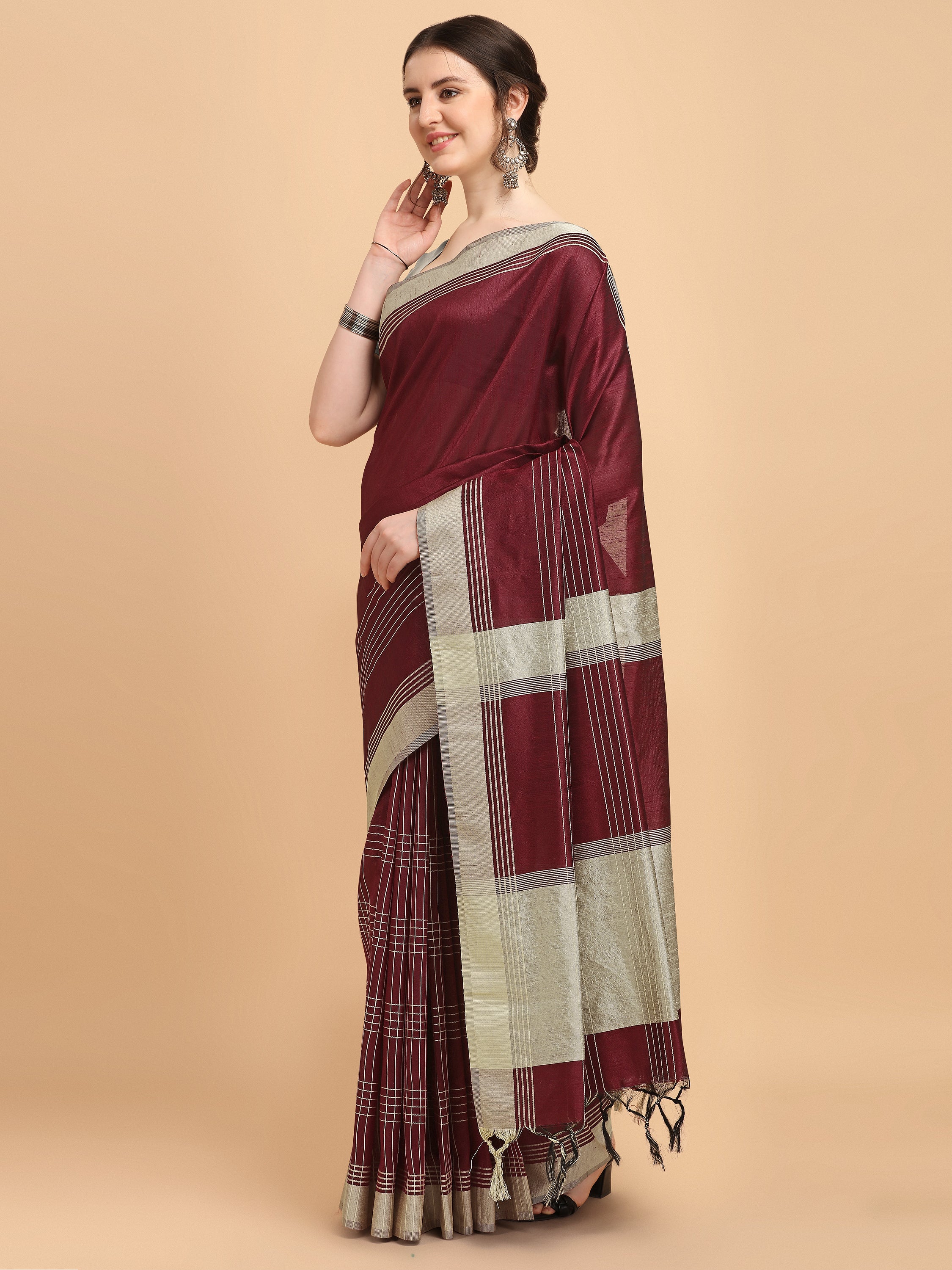 Women's Maroon Woven Banglori Raw Silk Saree With Tassels - Vishnu Weaves