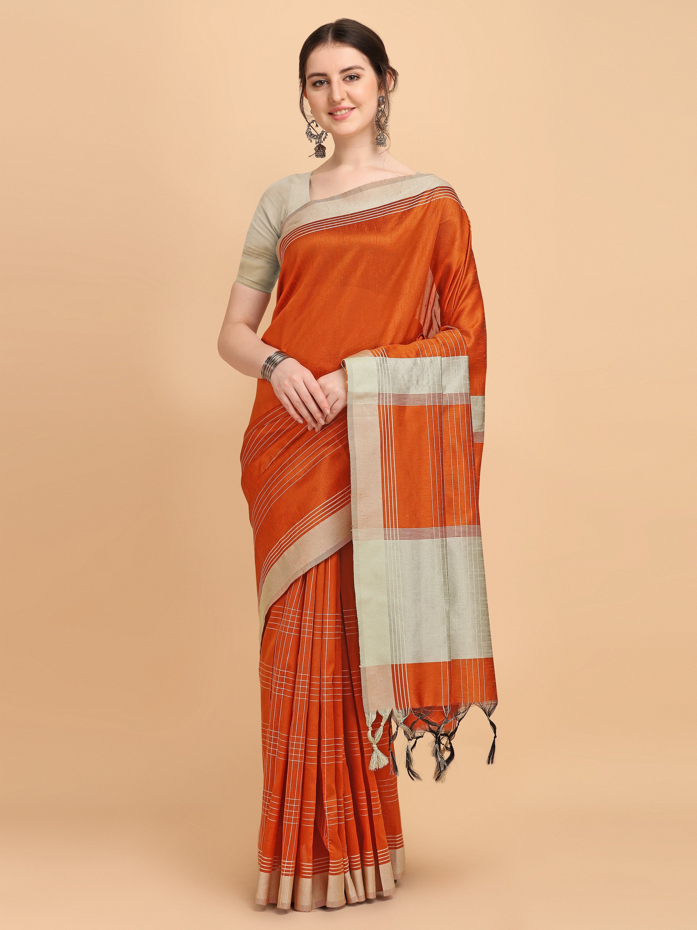 Women's Orange Woven Banglori Raw Silk Saree With Tassels - Vishnu Weaves