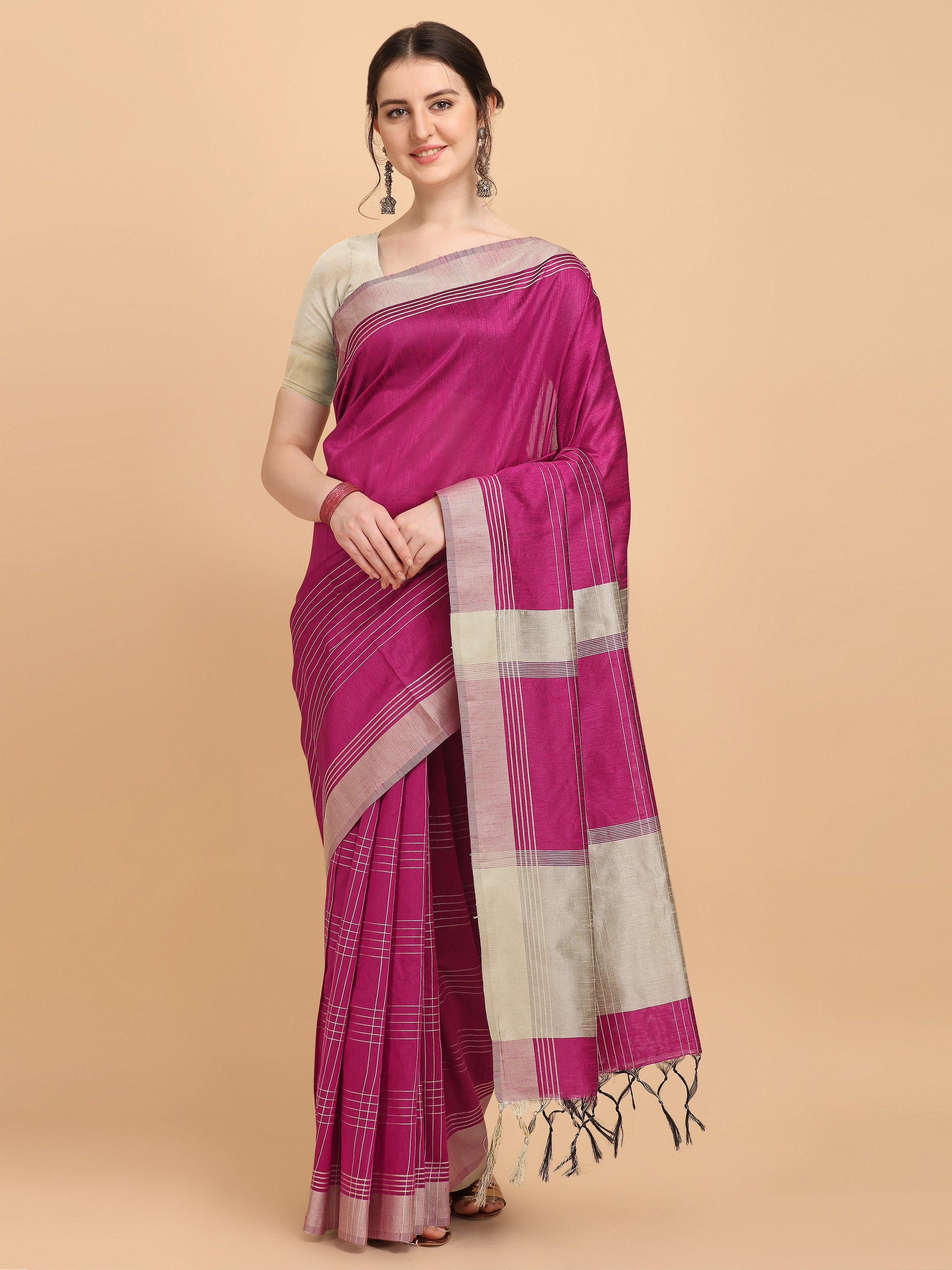 Women's Rani Pink Woven Banglori Raw Silk Saree With Tassels - Vishnu Weaves