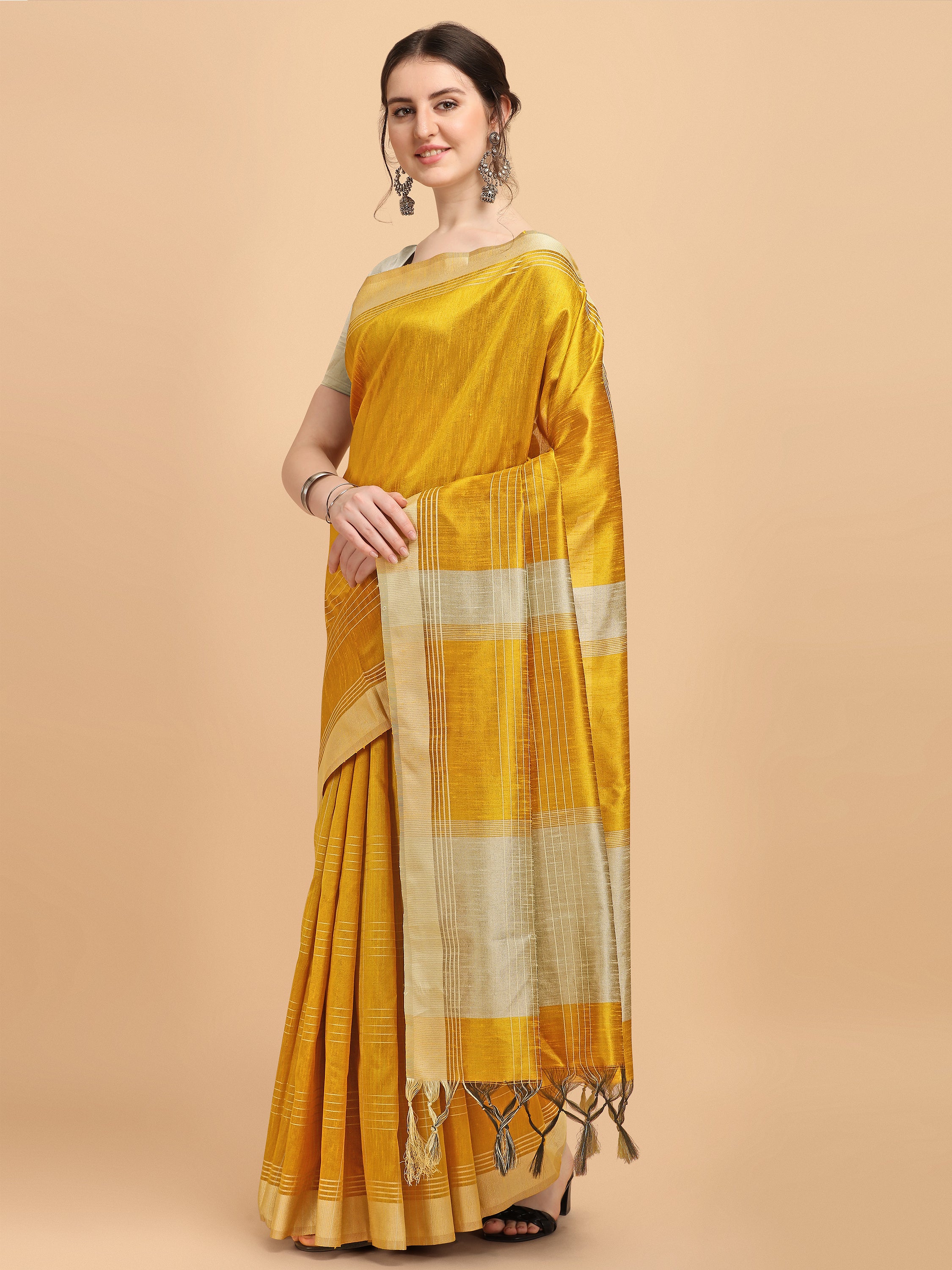 Women's Yellow Woven Banglori Raw Silk Saree With Tassels - Vishnu Weaves
