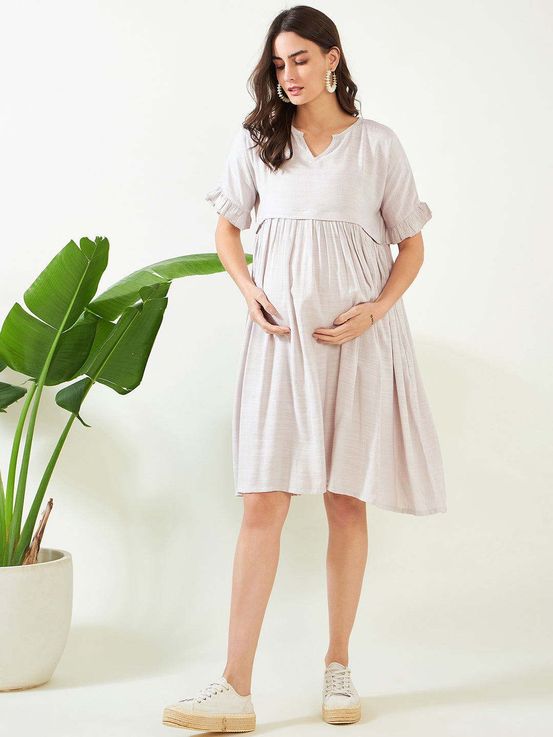 Women's Earthy Grey Soft Linen Maternity And Feeding Dress Pink / 3XL