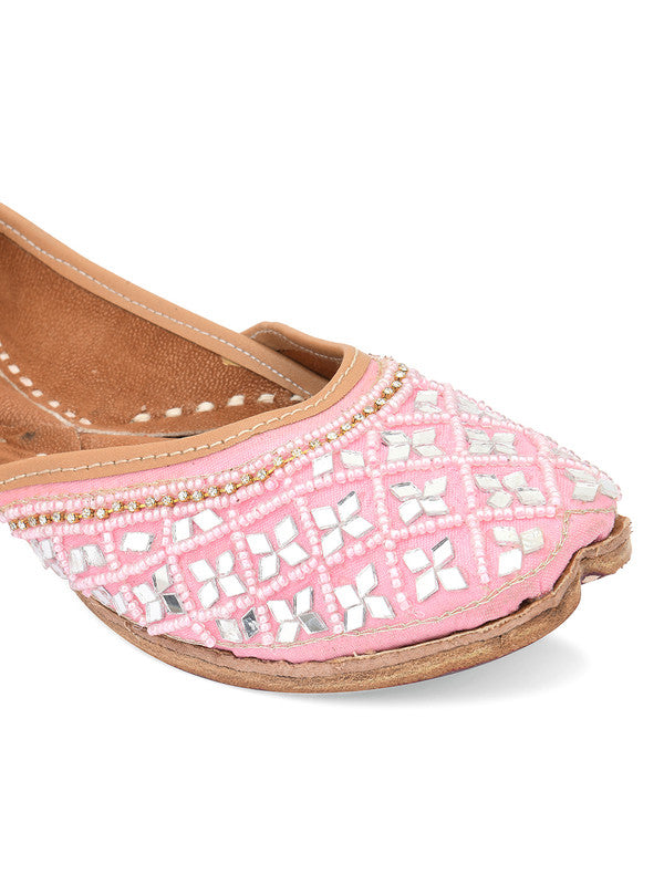 Women's Baby Pink Mirror Work Leather Embroidered Indian Handcrafted Ethnic Comfort Footwear - Desi Colour