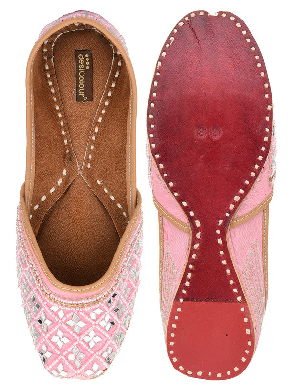 Women's Baby Pink Mirror Work Leather Embroidered Indian Handcrafted Ethnic Comfort Footwear - Desi Colour