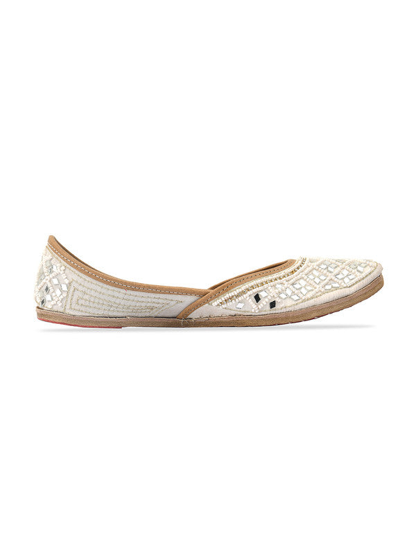 Women's White Mirror Work Leather Embroidered Indian Handcrafted Ethnic Comfort Footwear - Desi Colour