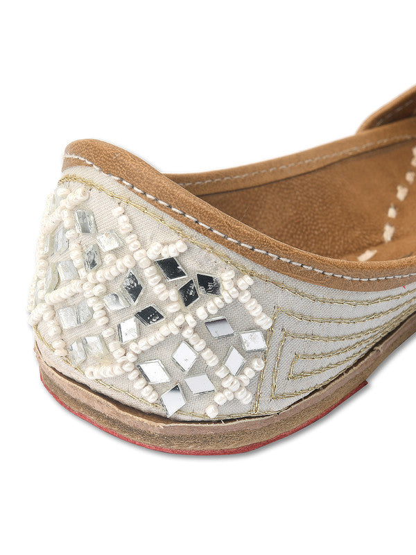 Women's White Mirror Work Leather Embroidered Indian Handcrafted Ethnic Comfort Footwear - Desi Colour