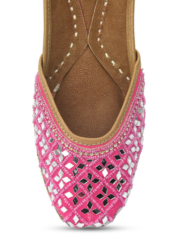 Women's Magenta Pink Mirror Work Leather Embroidered Indian Handcrafted Ethnic Comfort Footwear - Desi Colour