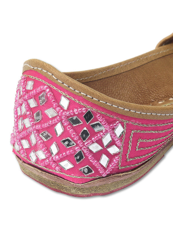 Women's Magenta Pink Mirror Work Leather Embroidered Indian Handcrafted Ethnic Comfort Footwear - Desi Colour