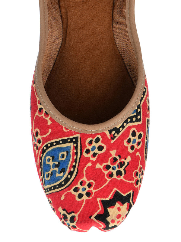 Women's Red Fabric Printed Indian Handcrafted Ethnic Comfort Footwear - Desi Colour