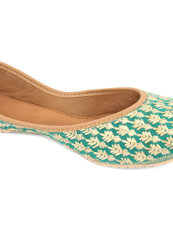 Women's Green Embroidered Indian Handcrafted Ethnic Comfort Footwear - Desi Colour