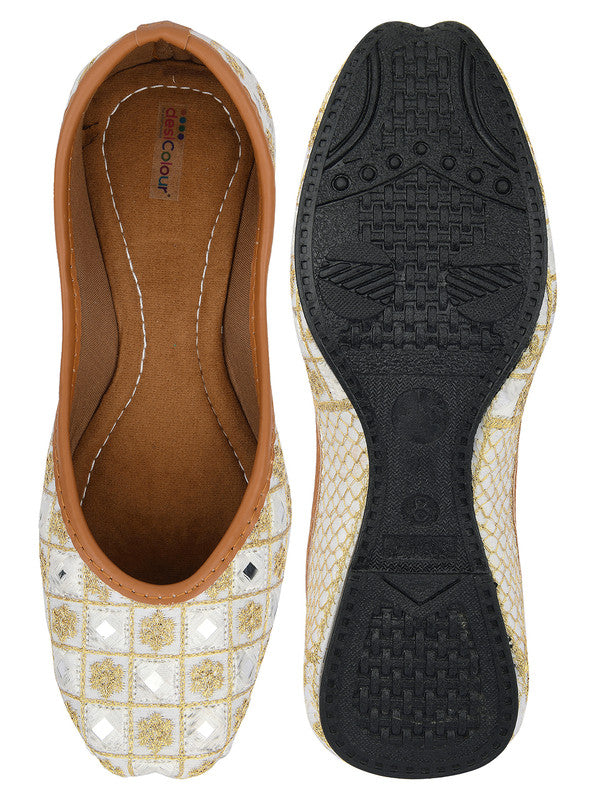 Women's White Embroidered Indian Handcrafted Ethnic Comfort Footwear - Desi Colour