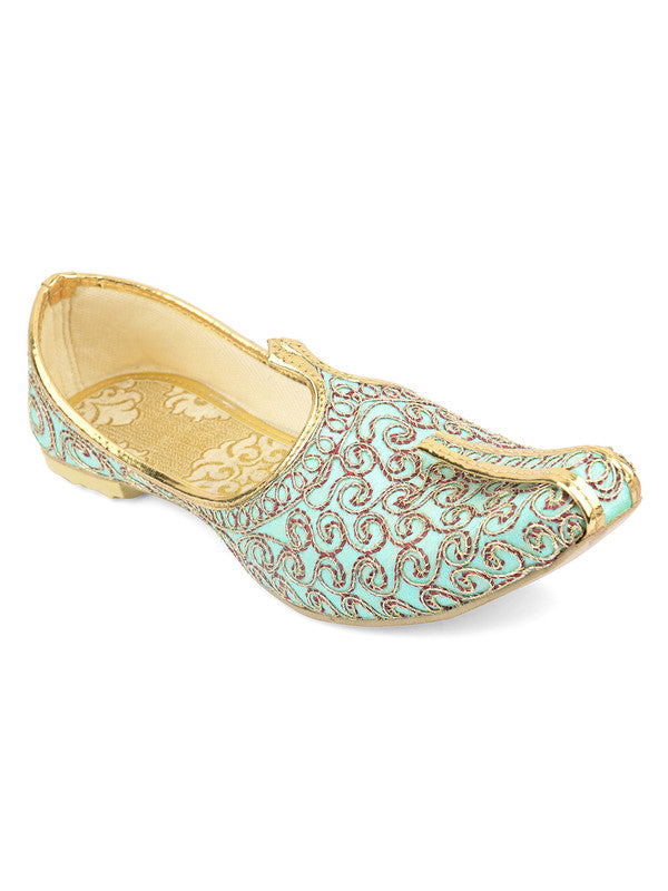 Men's Indian Ethnic Party Wear Sea Green Embroidered Footwear - Desi Colour