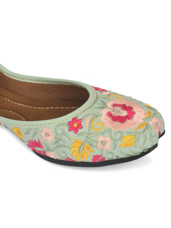 Women's Sea Green Florals Indian Ethnic Comfort Footwear - Desi Colour