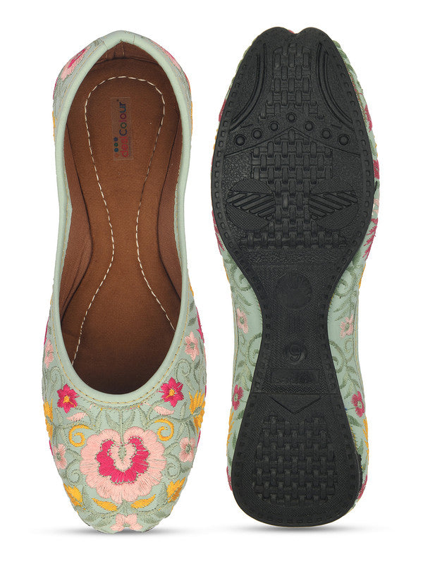 Women's Sea Green Florals Indian Ethnic Comfort Footwear - Desi Colour