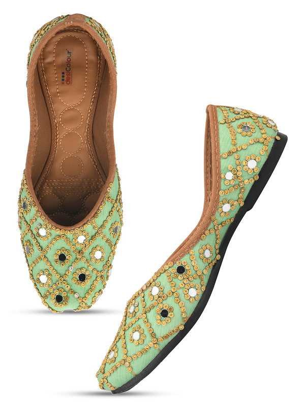 Women's Green Embroidered Indian Ethnic Comfort Footwear - Desi Colour