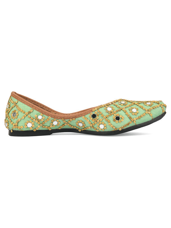 Women's Green Embroidered Indian Ethnic Comfort Footwear - Desi Colour