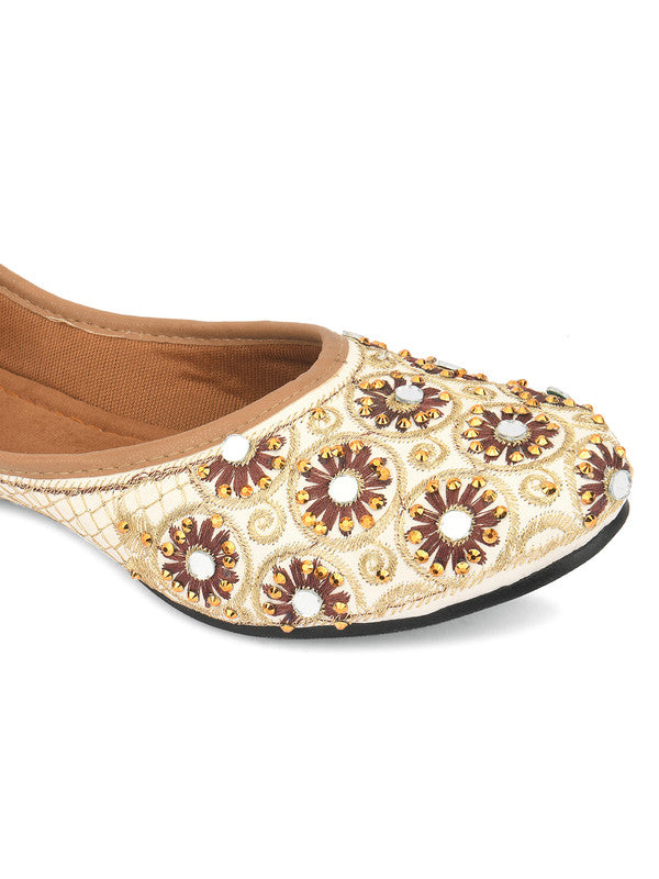 Women's Off White Brown Embellished Embroidered Indian Ethnic Comfort Footwear - Desi Colour