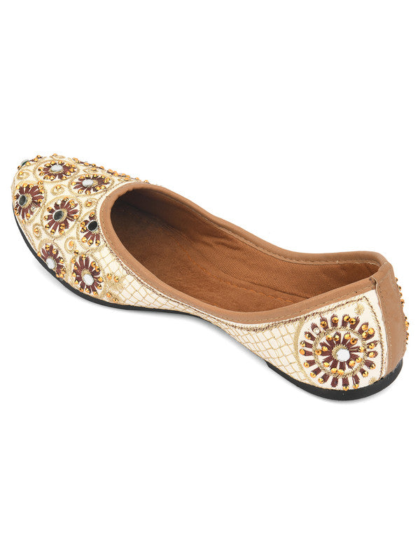 Women's Off White Brown Embellished Embroidered Indian Ethnic Comfort Footwear - Desi Colour