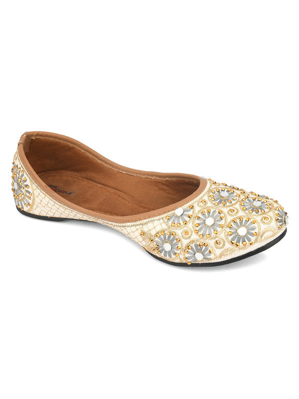 Women's Off White Grey Embellished Embroidered Indian Ethnic Comfort Footwear - Desi Colour