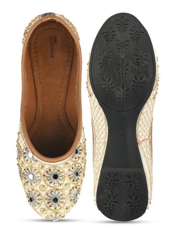 Women's Off White Grey Embellished Embroidered Indian Ethnic Comfort Footwear - Desi Colour