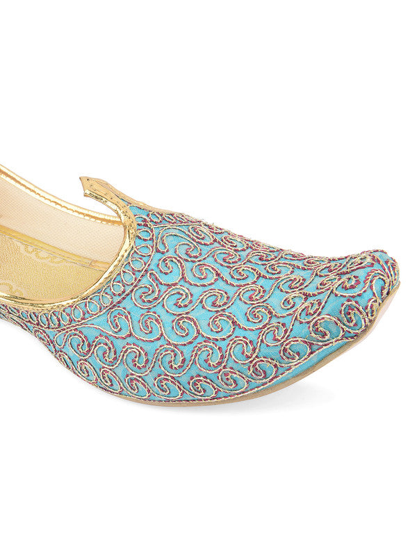 Men's Indian Ethnic Party Wear Blue Embroidered Footwear - Desi Colour