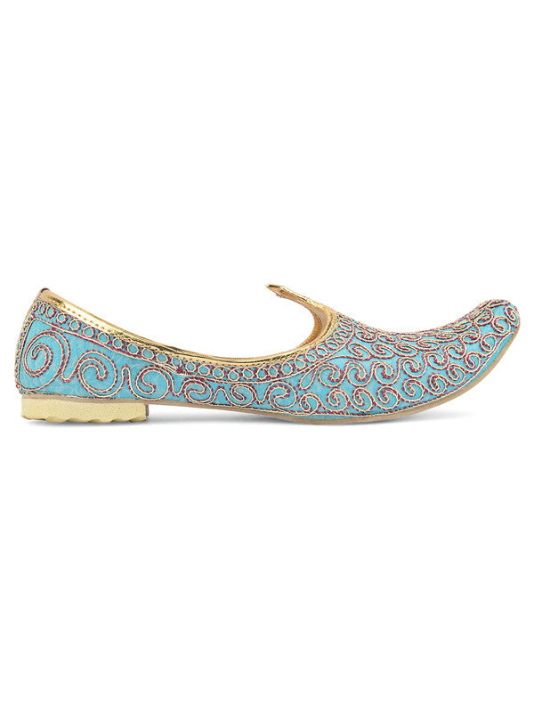 Men's Indian Ethnic Party Wear Blue Embroidered Footwear - Desi Colour