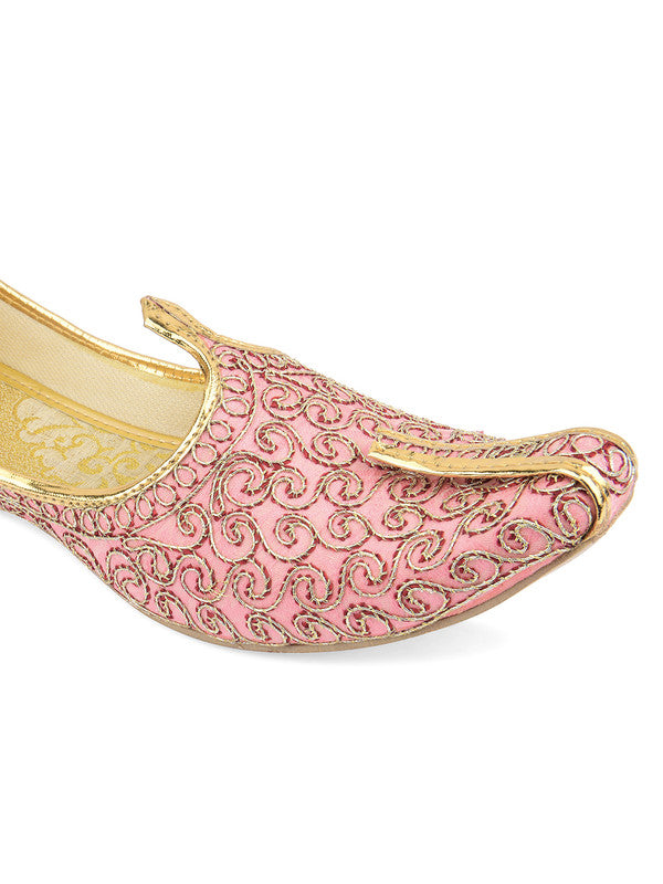 Men's Indian Ethnic Party Wear Pink Embroidered Footwear - Desi Colour
