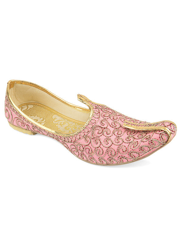 Men's Indian Ethnic Party Wear Pink Embroidered Footwear - Desi Colour