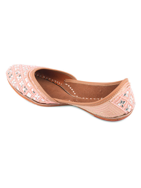 Women's Peach Mirror Work Leather Embroidered Indian Handcrafted Ethnic Comfort Footwear - Desi Colour