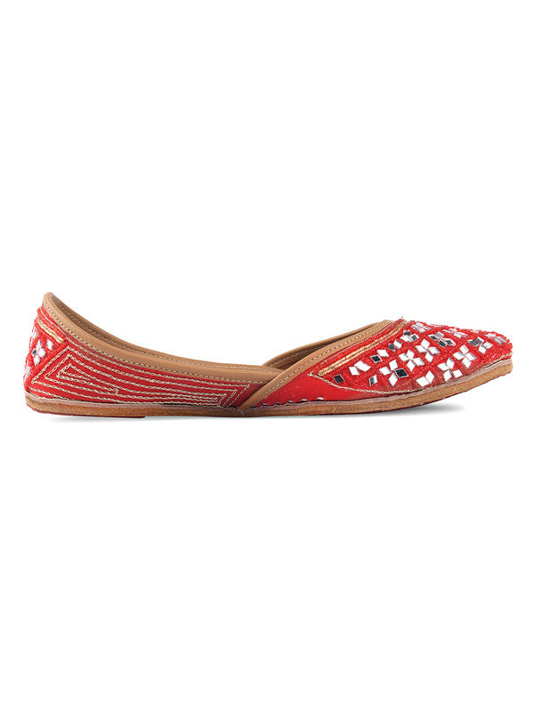 Women's Red Mirror Work Leather Embroidered Indian Handcrafted Ethnic Comfort Footwear - Desi Colour