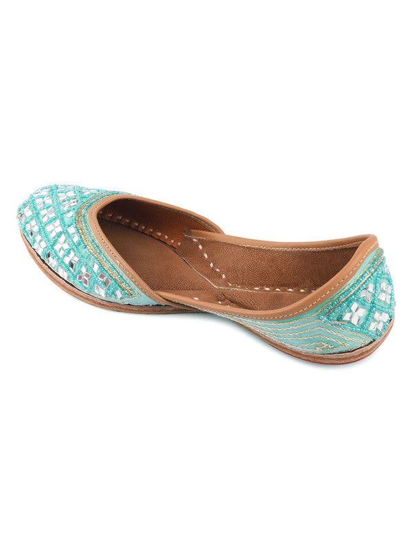 Women's Sea Green Mirror Work Leather Embroidered Indian Handcrafted Ethnic Comfort Footwear - Desi Colour