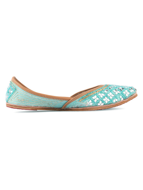 Women's Sea Green Mirror Work Leather Embroidered Indian Handcrafted Ethnic Comfort Footwear - Desi Colour