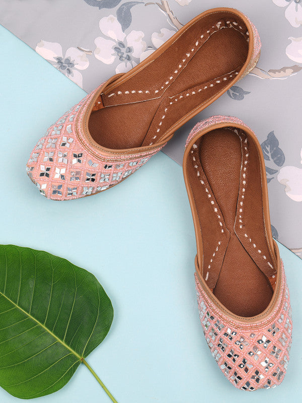 Women's Peach Mirror Work Leather Embroidered Indian Handcrafted Ethnic Comfort Footwear - Desi Colour