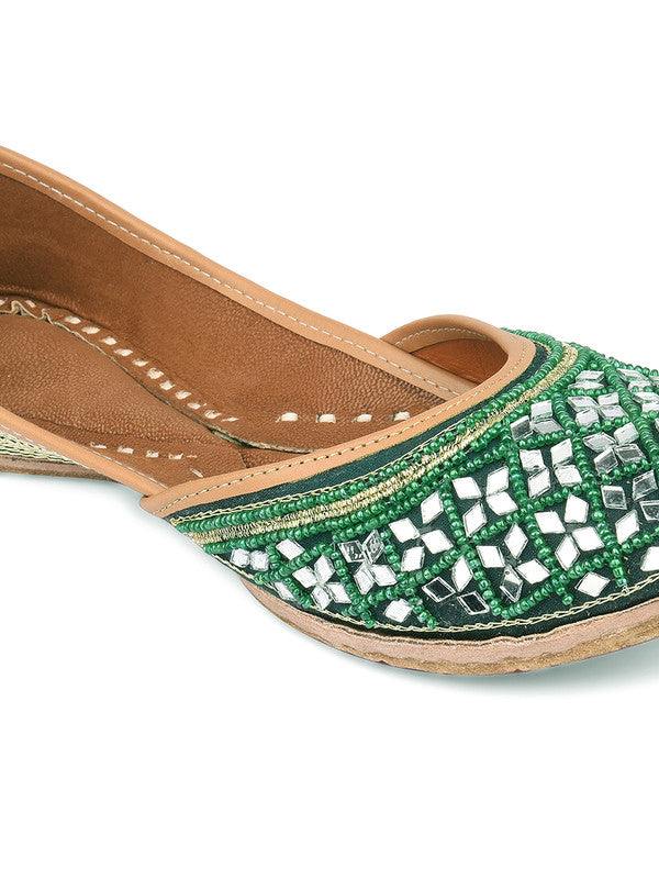 Women's Green Mirror Work Leather Embroidered Indian Handcrafted Ethnic Comfort Footwear - Desi Colour